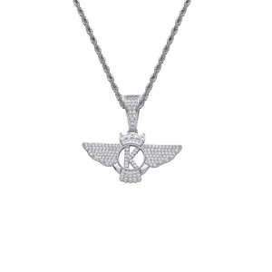 Petite Aile Pendentif Collier Hip Hop Bijoux En Laiton Zircon Rap Chaîne Empilée Avec Ailes Lettre K Pendentif