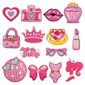 New Iron on Embroidery <b>pink</b> Crown Handbag Mouth Bikini Sunglass Disco Ball Lip Ring Patch for Clothes Hat Decoration Gift - Product Image 1