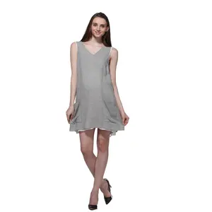 Wholesale Ladies V-neck with Front Pocket High Quality Pregnant Dress or Maternity Clothing Summer Dress Woven Fabric 100% Linen