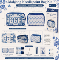 Kit de trousse de maquillage brodée au point de croix Chinoiserie bleue, à finition DIY, en toile de coton imprimée avec fermeture éclair sur trois côtés, pour débutant