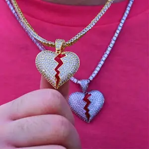 Broken Lacie Heart Iced Out Zirconia Chain Pendant Necklace Statement Gold Color Cubic Zircon Necklace Hip Hop Men's Jewelry