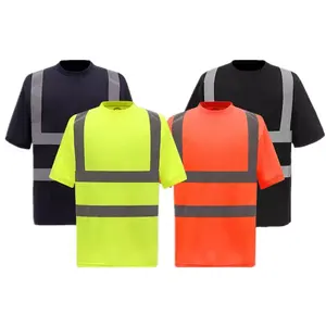 卸売ポリエステルトラフィック保護高視認性カスタムロゴ蛍光イエローオレンジ反射安全Tシャツ