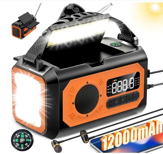 44400mWh/12000mAh Portable Hand Crank Emergency AM/FM/NOAA Weather Radio 2 Solar Panels 3 Charging Methods SOS Alarm