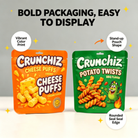 Sachet souple laminé à fond plat personnalisé imprimé pour aliments, idéal pour l'emballage de nourriture pour bébés et de snacks soufflés pour enfants, qualité alimentaire, en promotion