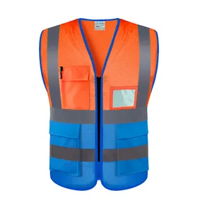 Wholesale cheap high quality fluorescent color stitching reflective work wear safety vest with pockets