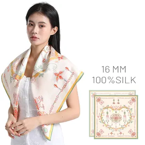 Women Custom Mulberry Satin Hand Rolled Edges Scarf Custom Luxury Double Sided Printing Square Twill 100% Silk Scarf 90x90