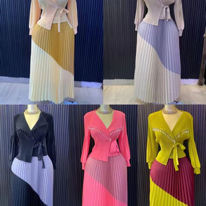 Robe de Soirée Décontractée Élégante <span class=keywords><strong>Miyaki</strong></span> 2025 pour Femme, Col en V, Manches Lanternes, Ceinture, Design Plissé Bicolore, Grandes Tailles - Product Image 3