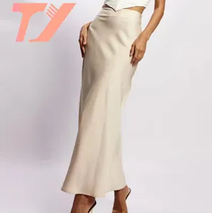 TUOYI Custom Women Ruffle Hem High Waist Wrap Maxi Long Silk Satin Skirt For Ladies Miniskirt