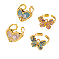 Bague ouverte en acier inoxydable style papillon cœur, tendance, avec perle coquillage incrustée et finition émail goutte d'huile, bague sous vide