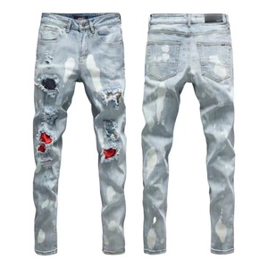 Jean en denim vintage déchiré pour homme, coupe slim, jambe droite, respirant, écologique, de marque, personnalisé, blanc brut, bleu, noir - Product Image 1