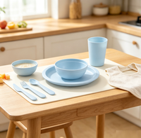 Ensemble de vaisselle incassable en plastique bleu, 15 pièces, réutilisable, assiettes, bols, tasses, fourchettes, cuillères pour enfants, pour un usage quotidien à la maison