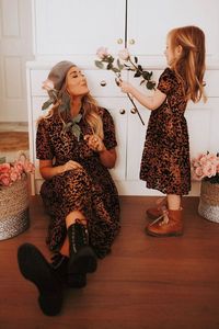 Abito <span class=keywords><strong>Leopardato</strong></span> a Maniche 3/4 per Mamma e Figlia <span class=keywords><strong>Vestito</strong></span> da Festa a Linea A con Scollo Tondo - Product Image 3