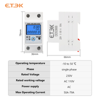 ETEK DDS366 Wattmeter Digital LCD Satu Fasa dengan Tombol Reset, Penghitung Konsumsi Daya kWh, Tegangan, Arus, Meter Energi, Rel DIN