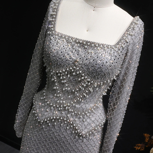 Jancember LSZ633 Magnifiques Robes de Soirée Droites Grises à Col Carré avec Cristaux et Perles - Product Image 6