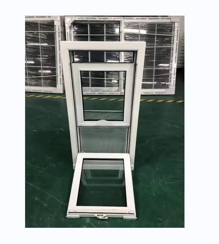 การออกแบบยอดนิยมของ NFRC ปรับแต่งกระจกสองชั้น PVC UPVC หน้าต่างบานเลื่อนแนวตั้งหน้าต่างแขวนเดี่ยวคู่