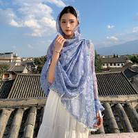 Fantaisie bleu cajou fleur imprimé coton sentiment écharpes en plein air crème solaire plage châles luxe blanc dentelle bord Hijabs pour les femmes