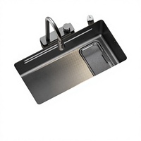 Évier de cuisine rectangulaire moderne multifonctionnel fait main en acier inoxydable 304 noir de 5 mm avec robinet, grand bac unique