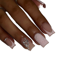 Uñas Postizas Rosadas Francesas con Lazo Brillante y Diamantes de Imitación, Forma Ataúd, Estilo Hecho a Mano, Estética Dulce INS, ABS Premium