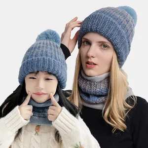 HJH426 2 pièces/ensemble famille correspondant mère enfant enfant chaud hiver tricot bonnet fourrure pompon chapeau Ski casquette doux solide chapeaux d'hiver