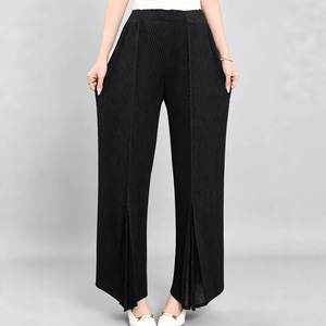Pantalones plisados Miyake de pierna ancha casuales para mujer, pantalones casuales sueltos de cintura alta con abertura, ropa occidental para mujer, venta al por mayor de ropa a granel - Product Image 2