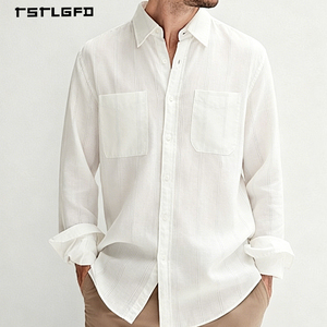 เสื้อเชิ้ตแขนยาวสีขาวสำหรับผู้ชาย ผ้าริบ จีบแนวตั้ง กระเป๋าคู่ สไตล์ Old Money เรียบหรู ดูดี มินิมอล เหมาะสำหรับธุรกิจ ลำลอง และใส่ทำงานในออฟฟิศ - Product Image 5