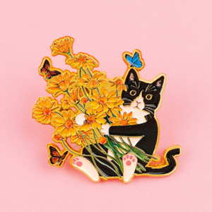 En gros, Pin's en émail Cottagecore avec motif chat mignon noir et blanc et fleurs jaunes, pour les amoureux <span class=keywords><strong>des</strong></span> animaux de compagnie - Product Image 2