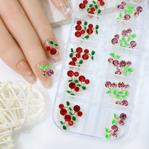 Boîte de 12 compartiments de breloques pour ongles en alliage et strass motif cerise, super brillantes, accessoires de décoration 3D pour nail art, pour salon de manucure et DIY - Product Image 1