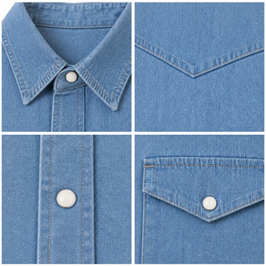 เสื้อเชิ้ตเดนิม Chambray 8 ออนซ์ แขนยาวสำหรับผู้ชาย ลุคสบายๆ ซักแล้ว ใส่โลโก้ได้ตามสั่ง สไตล์ตะวันตก ติดกระดุมแบบ Snap ผลิตแบบ OEM ODM จากบังกลาเทศ - Product Image 4