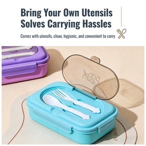 Boîte à bento et gourde tendance et sécurisées avec fourchette et cuillère - Contenant repas 2 compartiments/3 compartiments pour l'école et le bureau - Product Image 5