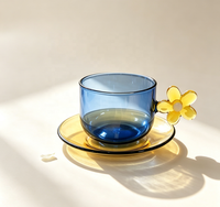 Ensemble tasse et soucoupe en verre borosilicate, mug bleu avec poignée fleurie jaune, résistant à la chaleur, pour café et thé, idéal pour la maison et les cafés