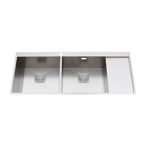 Silver color hand built double bowl drainboard trough sink Foshan factory - Product Image 1