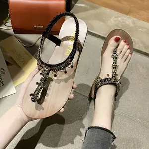 Sandal Wanita Peep-Toe, Sandal Peri Angin Datar Liburan Pantai Jaring Bohemian Merah Peep-Toe Sepatu Pantai Roma Berlian Imitasi Sandal Wanita