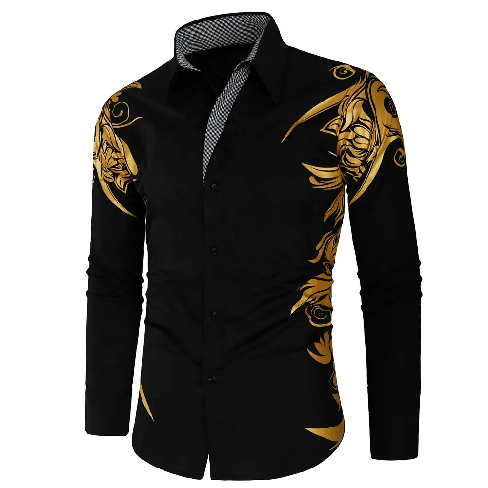 2022 Autumn new golden luxury fashion bronzing printing floral men's shirt European size long sleeve shirt ethnic print