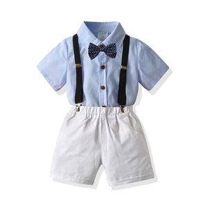 Conjunto de Ropa Casual para Niños Pequeños, Camisa a Rayas con Corbata de Lazo y Tirantes, Pantalones Cortos Blancos de Algodón, Traje de Caballero - Product Image 4