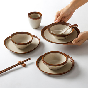 Vintage Nâu melamine bốn mảnh đặt thân thiện với môi trường biểu tượng tùy chỉnh bát muỗng Cốc đĩa kết hợp Bán bộ đồ ăn thương mại - Product Image 1