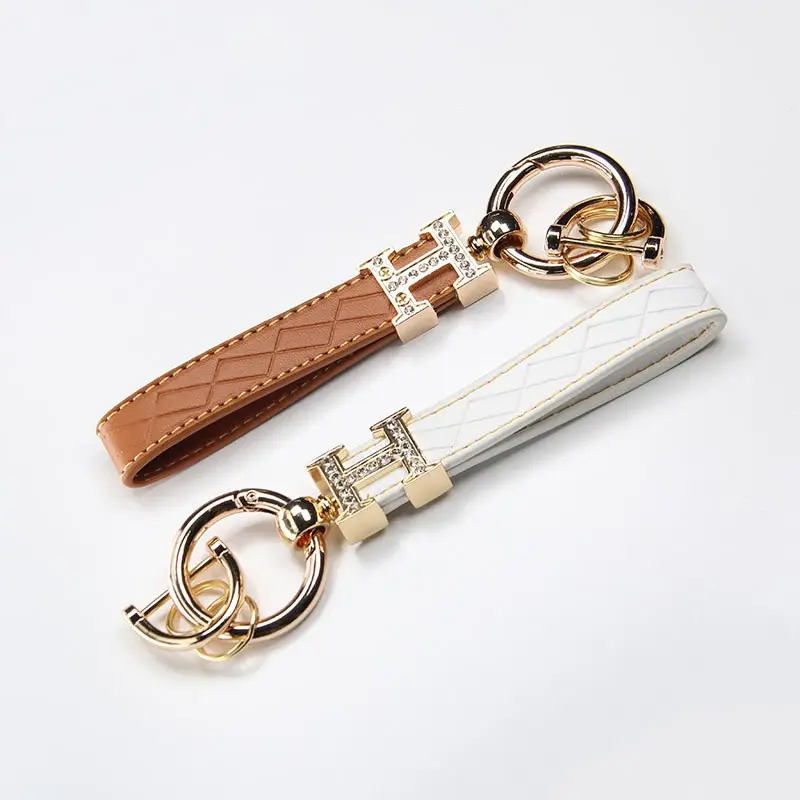 Multi-color Optional Letter H Clip With Detachable D Ring Keychain Rhinestone Car Key Ring PU Leather Key Fob Bag Charms