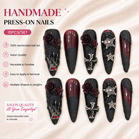 Ongles artificiels à presser longs et pointus, faits main, de luxe, style sorcière gothique, avec motif rose 3D noir et rouge, pour Halloween, lot de 10 pièces