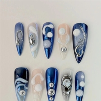 Uñas Postizas 3D con Diseño Floral de Ojo de Gato, Uñas Acrílicas de Verano con Diseño de Conchas Marinas Azules, Uñas Postizas Largas de Estilo Stiletto, Uñas Postizas de Cobertura Completa