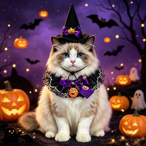 Ensemble bavoir et chapeau pour chat Halloween, motif color block violet et jaune, accessoires de déguisement pour animaux de compagnie, vente en gros - Product Image 2
