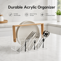 Porte-ustensiles en plastique transparent sur mesure - Acrylique - Avec poignée en bambou - Pour couverts, assiettes, serviettes et condiments