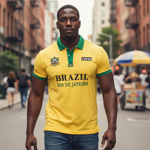En stock, T-shirt polo en coton à manches courtes, coupe ample, broderie 3D, style sportif, Code européen, Vêtements de football du Brésil pour hommes - Product Image 4