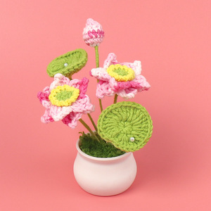 Venta al por mayor de tallos de bonsái de flores tejidas a mano decoración <span class=keywords><strong>floral</strong></span> plantas artificiales bonsái de flores tejidas mini maceta de loto de ganchillo acabada - Product Image 5