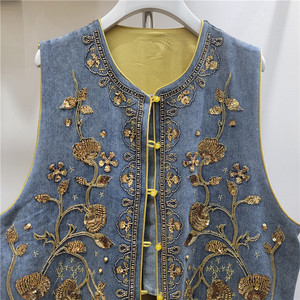 <span class=keywords><strong>Gilet</strong></span> en toile <span class=keywords><strong>chic</strong></span> vintage pour <span class=keywords><strong>homme</strong></span>, veste sans manches en velours brodé, col mandarin, vêtement d'extérieur décontracté à boutons pour l'automne - Product Image 6