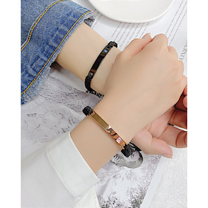 Custom PVD 18K Gold Stainless Steel Bar <b>Bracelet</b> With Zircon | Adjustable Braided Cord, Engravable, Blank Design for Men & Women - Product Image 4