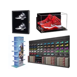 Personalizado Acrílico Papelão Sneaker Display Tubo Metal Autoportante Madeira Sapatos Redondos Display Countertop Shoe Store Display
