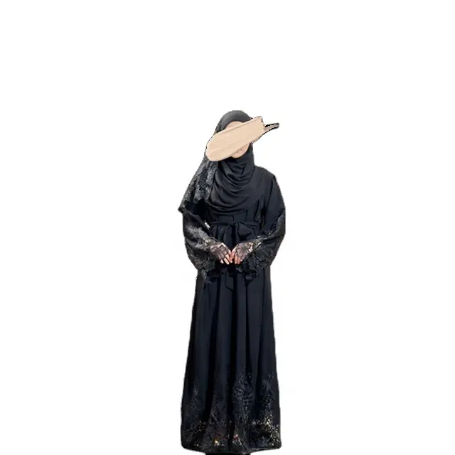 SIPO Muslim Fashion African Dubi Hijab Dresses for Women 2022 Lace Tie Long Sleeves Black Maxi Dress.