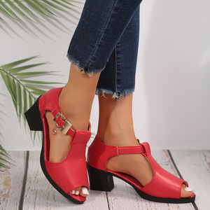 Women's Open Toe Fish Mouth Roman Sandals Mid Thick <b>Heel</b> Breathable Hollow Summer Casual Fashion <b>Heels</b> - Product Image 2