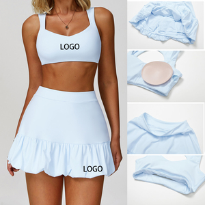 Set pakaian olahraga dan kebugaran wanita, rok tenis bernapas 2 potong dengan bantalan dada pelindung setelan Yoga rok bisbol - Product Image 1