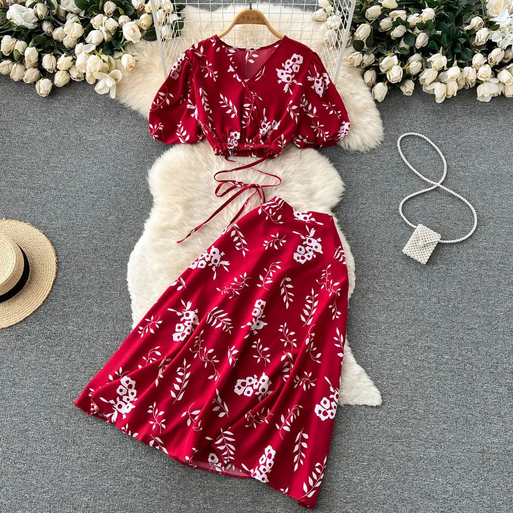 2Piece Set Holiday style summer suit women's bubble sleeve short top high waisted A-line skirt two piece suit