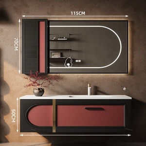 Original French retro rock slab integrated basin <b>oak</b> high-end wall mounted bathroom cabinet - Product Image 4
